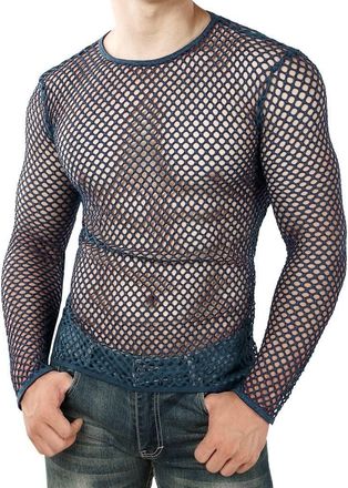 Generic Mens Long-Sleeve Mesh T-Shirts Sexy See Through Fishnet Fitted Undershirts Stretch Vest Transparent Slim Fit Muscle Tops Breathable Fitness Sport Tee 