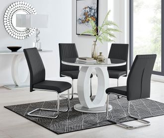 Furniturebox Giovani Round 4 Seat 100cm White High Gloss Unique Halo Base Grey Glass Top Dining Table 4 Soft Faux Leather Lorenzo Chairs in Black