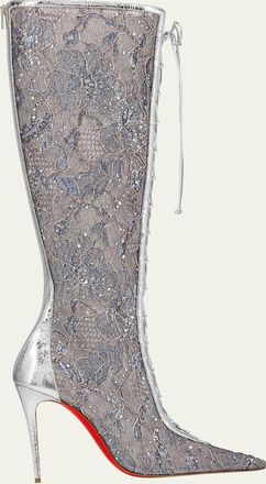 Christian Louboutin KM Lace Strass Red Sole Knee-High Boots