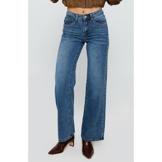 Princess Polly Saving Up Studded Straight Leg Jeans in Mid Blue at Nordstrom, Size 12