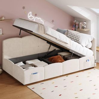 Matteo Upholstered Plush Velvet Single Daybed with Storage & USB in Beige