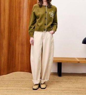FRNCH Bergamote Embroidered Cardigan In Olive/ Khaki