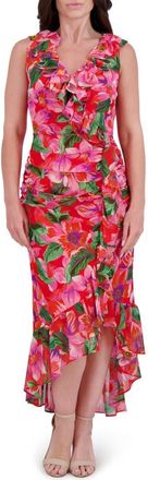 Kensie Print Ruffle High-Low Maxi Dress in Red Multi at Nordstrom Rack, Size 12