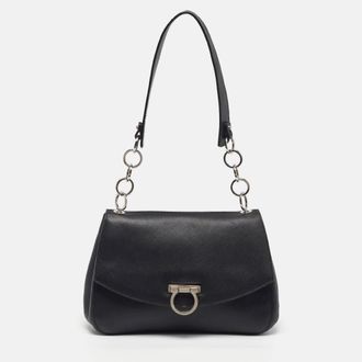 Ferragamo Gancini Flap Black Leather Shoulder Bag