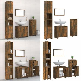 vidaXL Set Mobili da Bagno 4 pz Rovere Fumo in Legno Multistrato - Armadio da bagno - Specchio da bagno