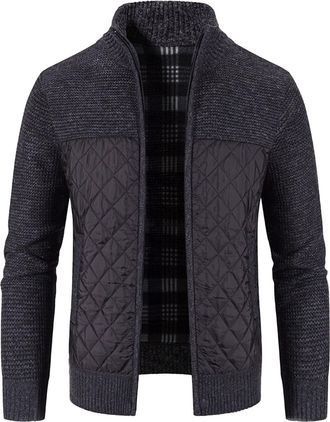 Generic Mens Knitted Cardigan - Mens Thick Cardigans Knitted Sweater Men Mens Cardigan Sweater Fleece Lined Thick Sweater Full Zip Stand Collar Knitted Splice