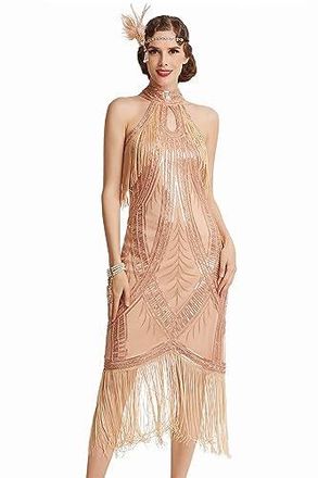 Robe Charleston Années 20 Blanche XXL - Robe De Soirée Gatsby à Paillettes Et Franges Dos Nu