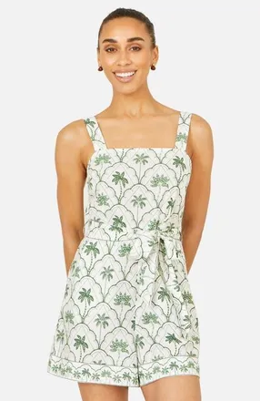 Yumi Palm Print Cotton Playsuit in White at Nordstrom, Size 12