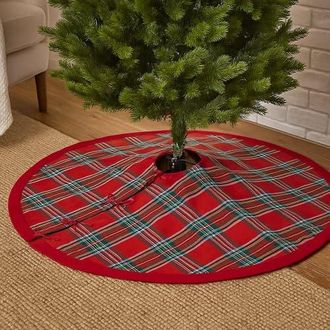 Solino Home Linen Tree Skirt, 58 Inch Diameter for Dining Table, Holiday and Everyday Table Decor - Plaid Linen Christmas Tree Skirt in Madras