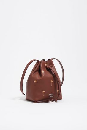 Bimba & Lola Small Palms print leather Carlino bucket bag in Nut at Nordstrom