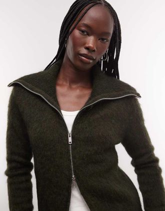 Weekday cardigan con zip in filato peloso misto lana e mohair verde scuro m&eacute;lange