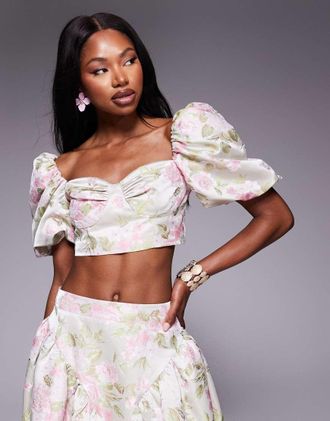 Asos puff sleeve top in tulip jacquard - part of a set-Multi