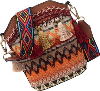 Yardwe Bohemia Bucket Bag Light Brown PU Woven Crossbody Shoulder Bag for Women with Tassel Accent Zippered Design Fashionable Ethnic Style for Daily Leisure