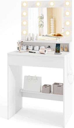 Costway Vanity Desk Modern Dressing Table with Mirror and Lights-White