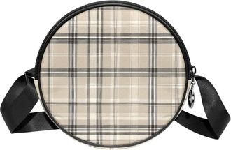Generic Circle Crossbody Bag for Women, White Retro Plaid Small Sling Bag Daypack with Zipper Adjustable Shoulder Straps Casual Ladies Girls Round Purse