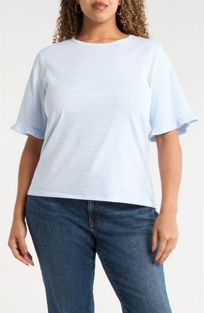 Jones New York Stripe Frill Sleeve Stretch Cotton Top in Breeze Blue/Natural White at Nordstrom, Size 2X