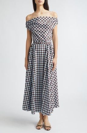 Oscar De La Renta Gingham Print Cotton Stretch Poplin Off the Shoulder Dress in Ice/Mahogany at Nordstrom, Size 10