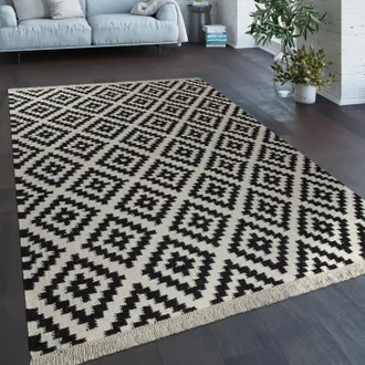 Paco Home Paco Home - Alfombra Tejida A Mano De Moda Con Flecos Dise&ntilde;o Marroqu&iacute; Moderno En Blanco Negro 120x170 Cm