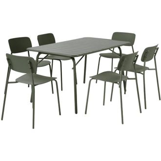 Sweeek Folding metal garden table 140 cm + 6 chairs, khaki green - Amelia + Liva