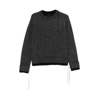 sacai Round-neck Knitwear, male, Gray, S, Grey Frayed Crew Neck Jumper