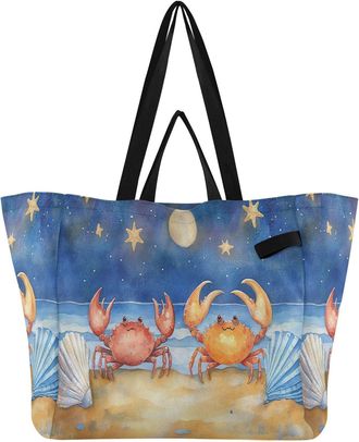 Generic Red Crab Starfish print Reusable Canvas Tote Bag, Heavy Duty Grocery Shopping Bag with Large Capacity Hard Bottom Double Handles Work Groceries Travel