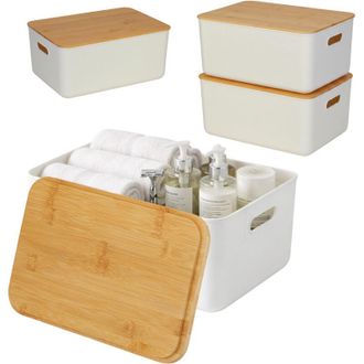 Relaxdays Relaxdays storage boxes, set of 2, plastic with bamboo lids, handles, H x W x D: 16 x 36 x 25 cm, white