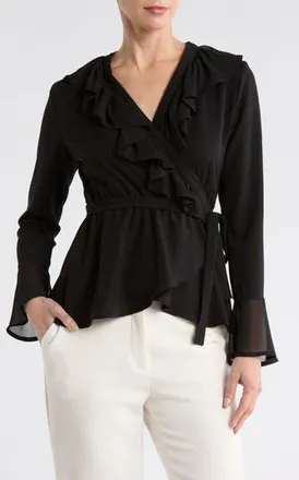Patrizia Luca Ruffle Wrap Top in Black at Nordstrom Rack, Size X-Small