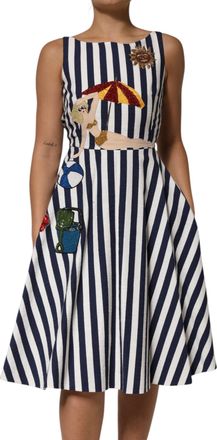 Dolce & Gabbana Womens Blue White Striped Embroidered A-Line Dress And Cotton