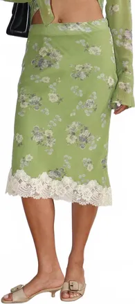 Bailey Rose Fawn Floral Lace Trim Midi Skirt In Green