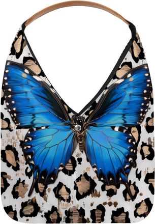 Generic Blue Butterfly and Leopard Print Reusable Lightweight Grocery Bags - Foldable Into Compact Pouch, Washable & Sturdy, Multipurpose for Shopping and Tra