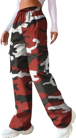 Generic Ladies Leisure Trousers Elasticated Waist Ladies Womens Casual Camouflage Print Cargo Pants Drawstring Stretch Elastic Waist Tapered Pants with Pocket