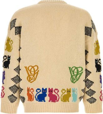 Valentino Garavani Mens Intarsia-Knit Cat And Houndstooth Cardigan Beige Virgin Wool