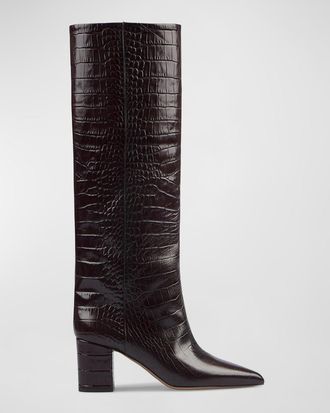 PARIS TEXAS Anja Knee-High Croc-Embossed Leather Boots