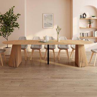 IDMarket Carmen Mesa De Comedor Redonda Extensible 4-12 Personas Con Patas De Listones De Madera Y Tablero De Madera 110-300 Cm