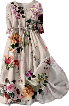 Generic Ladies Cute Lapel Button Up Dresses Summer Prttern Printed Loose Fitted Dress Half Sleeve Button Up Ruffle A Line Flowy Midi Dress Floral Vacation Bea