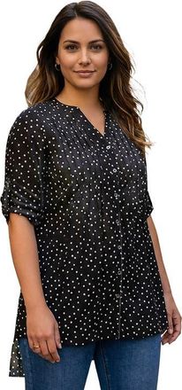 Roaman's Pintuck Tunic Blouse Y Neck & Roll Tab Sleeves in Black Painted Dot at Nordstrom, Size 14
