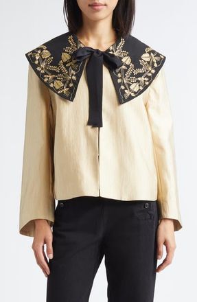 Bode Gilt Embroidered Collar Satin Jacket in Gold Black at Nordstrom, Size Medium