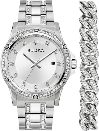 Bulova Mens Crystal Box Set Silver Dial Watch