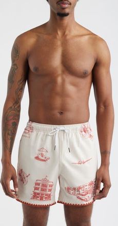 MAVRANS Ocean Drive Print Stitch Waterproof Swim Trunks in Red at Nordstrom, Size X-Large
