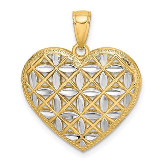 Diamond2Deal 14k Yellow Gold and White Rhodium Diamond-cut Leaves In Heart Charm Pendant