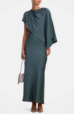 Ever New Zinnia Pleated Satin Cape Maxi Gown in Crystal Teal at Nordstrom, Size 12