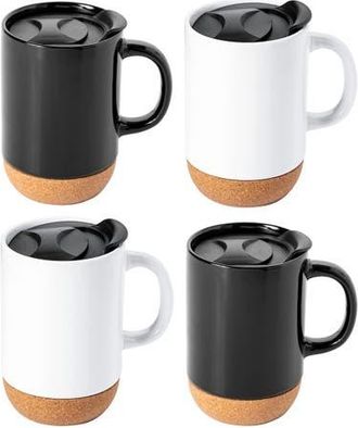 Gibson Home Modani 4 Piece 16.5 Ounce Stoneware Travel Mug Set with Lid and Cork Base in Black at Nordstrom