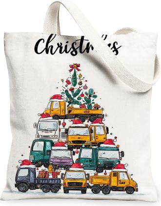 Generic Christmas Truck Canvas Tote Bags, Festive Vehicle Design Reusable Bags, Winter Fun Lightweight Washable Shoulder Strap Canv, White, 13x15 Inch