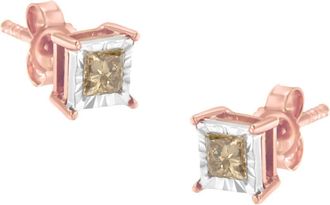 House of Brilliance 14K Rose Gold Plated 1/2 Ct Princess Diamond Solitaire Stud Earrings in White at Nordstrom