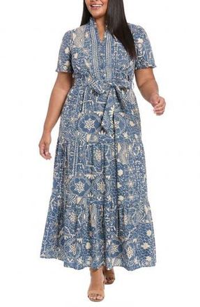 London Times Embroidered Tiered Maxi Dress in Blue/White at Nordstrom Rack, Size 16W