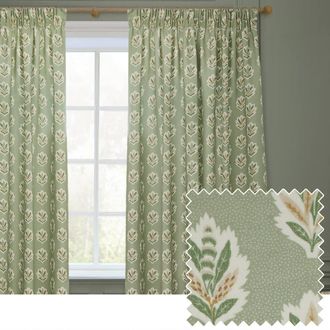 Sanderson Sessile Leaf Printed Room Darkening Pencil Pleat Curtains in Light Green | Size: 168 cm width x 229 cm drop