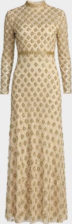 Mac Duggal Beaded Mock-Neck Mesh Gown