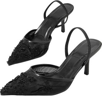 Generic Women Wedding High Heel Pumps Mesh Embroidered Floral Back Strap Dress Shoes Black