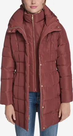 Cole Haan Womens 32 Signature Hooded Taffeta Down Coat - Brown Size Medium