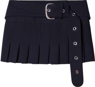 Off-white belted pleated miniskirt - women - Polyamide/Elastane/Virgin Wool - 44 - Blue